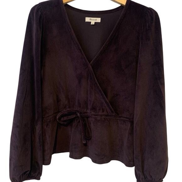 Madewell Women's Sz Medium Corduroy Tie-Front Faux-Wrap Top Spiced Raisin - Picture 2 of 8